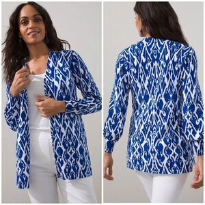 Chico’s Spun Rayon Ikat Stitched Open Front Long Sleeve Cardigan in Blue White M